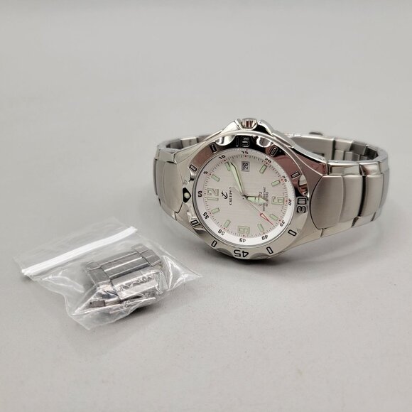 Calypso Stainless Steel Mens Diver Watch 50M Water Resistant White Dial Extra Li - Picture 2 of 7